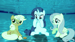 Size: 852x480 | Tagged: safe, artist:sb1991, applejack, fluttershy, rarity, earth pony, pegasus, pony, unicorn, aquaphilia, blushing, fetish, game, hatless, missing accessory, request, requested art, story included, swimming pool, underwater