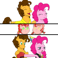 Size: 600x597 | Tagged: safe, artist:gamblingfoxinahat, boneless, boneless 2, cheese sandwich, pinkie pie, oc, oc:topsy, oc:turvy, pony, baby, baby pony, bedtime, cheesepie, comic, dialogue in the comments, female, happy, helmet, male, offspring, parent:cheese sandwich, parent:pinkie pie, parents:cheesepie, shipping, simple background, straight, white background