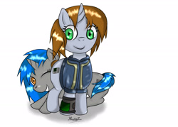 Size: 2481x1780 | Tagged: safe, artist:hungzy, oc, oc only, oc:homage, oc:littlepip, pony, unicorn, fallout equestria, clothes, cute, cutie mark, fanfic, fanfic art, female, grin, hooves, horn, lesbian, mare, oc x oc, one eye closed, pipbuck, pipmage, shipping, simple background, smiling, vault suit, white background
