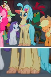 Size: 568x863 | Tagged: safe, screencap, applejack, captain celaeno, mullet (character), pinkie pie, princess skystar, rarity, anthro, classical hippogriff, hippogriff, pony, my little pony: the movie, anthro with ponies, basalt beach, claws, cropped, hooves, parrot pirates, pirate