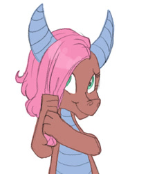 Size: 479x560 | Tagged: safe, artist:carnifex, idw, mina, dragon, spoiler:comic, spoiler:comicff14, :t, claws, cute, dragoness, female, hair over one eye, horns, looking at you, minabetes, simple background, smiling, solo, white background