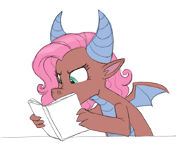 Size: 651x580 | Tagged: safe, artist:carnifex, idw, mina, dragon, spoiler:comic, spoiler:comicff14, book, claws, comic book, cute, dragon wings, dragoness, exploitable, female, horns, minabetes, reading, simple background, solo, white background, wings