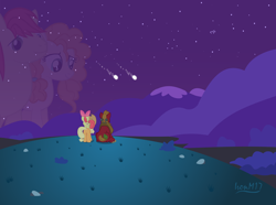 Size: 6656x4960 | Tagged: safe, artist:ironm17, apple bloom, applejack, big macintosh, bright mac, pear butter, earth pony, pony, the perfect pear, absurd resolution, apple siblings, applejack's parents, brightbutter, female, hill, male, memories, memory, meteor, night, night sky, shipping, shooting star, sky, stargazing, stars, straight