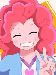 Size: 851x1135 | Tagged: safe, artist:erufi, pinkie pie, human, equestria girls, abstract background, bust, cute, diapinkes, eyes closed, peace sign, smiling, solo