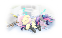 Size: 1812x1127 | Tagged: safe, artist:mgmax, derpibooru import, fluttershy, twilight sparkle, pegasus, pony, unicorn, cute, female, future twilight, mare, sleeping, weapon