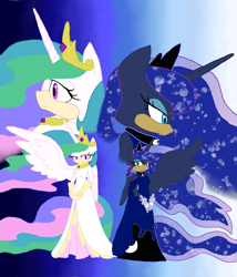 Size: 1024x1199 | Tagged: safe, artist:spqr21, princess celestia, princess luna, alicorn, anthro, hedgehog, clothes, crossover, dress, ethereal mane, female, gradient background, sonic the hedgehog, sonic the hedgehog (series), starry mane, zoom layer