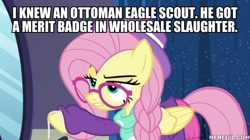 Size: 600x337 | Tagged: safe, edit, edited screencap, screencap, fluttershy, pegasus, pony, fake it 'til you make it, alternate hairstyle, ernest scared stupid, hipstershy, image macro, meme, ottoman