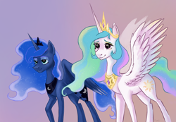 Size: 1086x750 | Tagged: safe, artist:theo-0, princess celestia, princess luna, alicorn, pony, female, gradient background, jewelry, lidded eyes, mare, smiling, tiara, wings