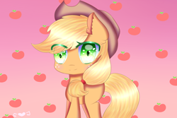 Size: 1500x1000 | Tagged: safe, artist:scootalightheartoc, applejack, earth pony, pony, colored pupils, cutie mark background, ear fluff, female, looking at you, mare, solo