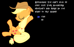 Size: 842x535 | Tagged: safe, applejack, earth pony, pony, black background, continue, game over, knocked out, mother series, parody, rpg, simple background, solo, undertale, video game