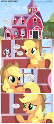 Size: 3300x7598 | Tagged: safe, artist:perfectblue97, applejack, rarity, earth pony, pony, unicorn, comic:without magic, absurd resolution, apple, apple tree, barn, comic, food, royal guard, sweet apple acres, tree