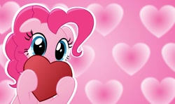 Size: 1355x804 | Tagged: safe, artist:oshitsukiryuu, pinkie pie, earth pony, pony, cute, diapinkes, female, floppy ears, heart, heart background, hearts and hooves day, holding, holiday, looking at you, mare, solo, valentine's day