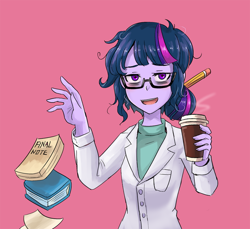 Size: 800x733 | Tagged: safe, artist:tzc, sci-twi, twilight sparkle, equestria girls, book, coffee, glasses, notes, solo, tired