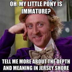 Size: 250x250 | Tagged: safe, human, all caps, barely pony related, condescending wonka, image macro, impact font, irl, jersey shore, meme, meta, photo