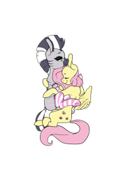 Size: 700x993 | Tagged: safe, artist:vilesoup, fluttershy, oc, oc:zebra north, pegasus, pony, zebra, canon x oc, clothes, cuddling, eyes closed, green eyes, peaceful, simple background, snuggling, socks, striped socks, transparent background