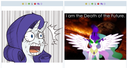 Size: 514x275 | Tagged: safe, artist:i am nude, artist:kramze, princess celestia, rarity, alicorn, pony, unicorn, crossover, dark magic, derpibooru, enel, exploitable meme, faic, juxtaposition, juxtaposition win, magic, meme, meta, one piece, shocked, simple background, sombra eyes, spread wings, tyrant celestia, vector, white background, wings