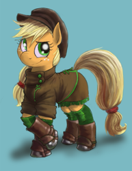 Size: 1407x1825 | Tagged: safe, artist:corevaluesart, applejack, earth pony, pony, blue background, clothes, female, hat, mare, outfit, shoes, simple background, smiling, solo