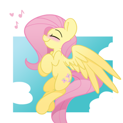 Size: 1500x1500 | Tagged: safe, artist:lou, fluttershy, pegasus, pony, blushing, cloud, cute, eyes closed, female, flying, happy, mare, music notes, profile, shyabetes, singing, sky, smiling, solo, spread wings, wings
