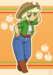 Size: 1000x1400 | Tagged: safe, artist:acesrockz, applejack, equestria girls, clothes, cowboy hat, cutie mark background, female, hat, looking at you, pants, solo, stetson