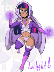 Size: 2344x3125 | Tagged: safe, artist:satoshitakeo, derpibooru import, twilight sparkle, human, amethyst sorceress, belly button, cape, clothes, commission, costume, hood, humanized, midriff, solo, spiders and magic: rise of spider-mane, superhero