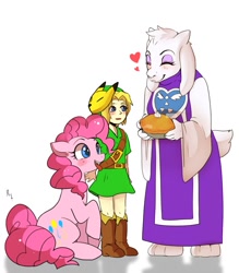 Size: 897x1024 | Tagged: safe, artist:hosikawa, pinkie pie, earth pony, pony, :p, belt, boots, cute, female, food, keaton mask, link, mask, nintendo, pie, shoes, silly, simple background, the legend of zelda, tongue out, toriel, undertale, white background