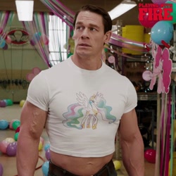 Size: 480x480 | Tagged: safe, pinkie pie, princess celestia, balloon, clothes, irl, john cena, party, photo, playing with fire, shirt, t-shirt