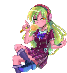 Size: 659x719 | Tagged: safe, artist:tzc, lemon zest, equestria girls, friendship games, bowtie, bubble, bubblegum, clothes, crystal prep academy uniform, female, food, gum, headphones, mp3 player, plaid skirt, pleated skirt, school uniform, shoes, skirt, socks, solo