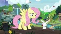 Size: 1920x1080 | Tagged: safe, screencap, angel bunny, clementine, discord, fluttershy, pegasus, pony, rabbit, spoiler:s08, apple, duo focus, eating, female, food, intro, male, mare, spread wings, wings