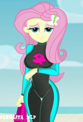 Size: 1024x1496 | Tagged: safe, artist:danielitamlp, fluttershy, butterfly, fish, better together, equestria girls, beach, bedroom eyes, breasts, clothes, female, hootershy, looking at you, solo, swimsuit, wetsuit