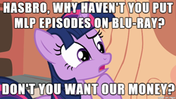 Size: 610x343 | Tagged: safe, derpibooru import, screencap, twilight sparkle, blu-ray, hasbro, image macro, meme, money