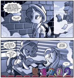 Size: 1004x1056 | Tagged: safe, artist:tonyfleecs, idw, fluttershy, rarity, pegasus, pony, unicorn, spoiler:comic, spoiler:comic66, black and white, clothes, comic, cropped, female, grayscale, hat, mare, monochrome, movie, noir, official comic, speech bubble, trenchcoat