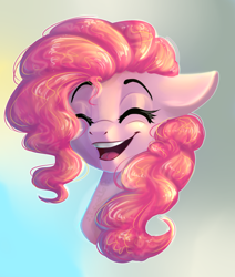 Size: 1024x1210 | Tagged: dead source, safe, artist:freckleplant, part of a set, pinkie pie, earth pony, pony, abstract background, bust, commission, cute, diapinkes, eyes closed, female, floppy ears, mare, open mouth, portrait, smiling, solo