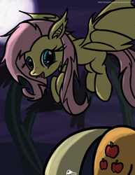 Size: 2550x3300 | Tagged: safe, artist:mrasianhappydude, applejack, fluttershy, bat pony, pony, bats!, appleshy, blushing, eyes on the prize, female, flutterbat, lesbian, looking at her butt, moon, night, race swap, shipping