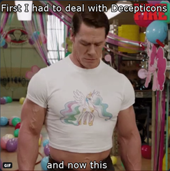 Size: 567x569 | Tagged: safe, edit, pinkie pie, princess celestia, human, balloon, bumblebee (movie), caption, clothes, image macro, john cena, playing with fire, shirt, text, transformers