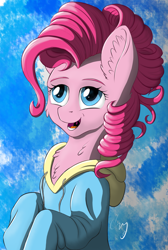 Size: 1797x2675 | Tagged: safe, artist:cluvry, pinkie pie, earth pony, pony, clothes, curly hair, female, happy, hoodie, looking up, mare, simple background, solo