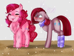 Size: 1024x768 | Tagged: safe, artist:kivee20, pinkie pie, pony, chest fluff, clothes, duality, fluffy, pinkamena diane pie, scarf, socks, tongue out, watermark