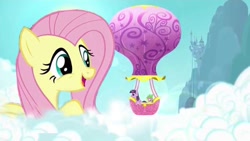 Size: 640x360 | Tagged: safe, artist:seattlesister, derpibooru import, fluttershy, spike, twilight sparkle, dragon, pegasus, pony, balloon, cloud, cloudy, giant pony, hot air balloon, sky