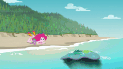 Size: 800x450 | Tagged: safe, screencap, fluttershy, pinkie pie, spike, spike the regular dog, dog, better together, equestria girls, forgotten friendship, animated, beach, clothes, rock horse, snorkel, swamp thing, swimsuit, wet, wet mane, wetsuit