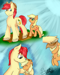 Size: 3200x4000 | Tagged: safe, artist:shamy-crist, applejack, bright mac, earth pony, pony, the perfect pear, applejack's hat, comic, cowboy hat, father and child, father and daughter, female, filly, filly applejack, hat, high res, male, origins, parent and child, younger