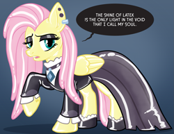 Size: 1035x800 | Tagged: safe, artist:hornbuckle, fluttershy, pegasus, pony, fake it 'til you make it, clothes, dialogue, dress, ear piercing, eyeshadow, female, fluttergoth, latex, latex pony, lifted leg, looking at you, makeup, piercing, rubber pony, solo