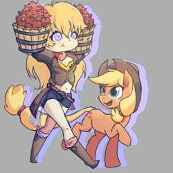 Size: 500x500 | Tagged: safe, artist:xmemorized, applejack, earth pony, human, pony, apple, belly button, crossover, cute, duo, food, jackabetes, midriff, rwby, yang xiao long