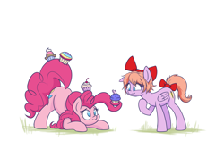 Size: 1500x1000 | Tagged: safe, artist:heir-of-rick, pinkie pie, earth pony, pegasus, pony, bow, cupcake, cute, diapinkes, doki doki literature club, duo, female, food, hair bow, mare, ponified, prehensile mane, sayori, simple background, smiling, tail bow