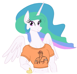Size: 967x937 | Tagged: safe, artist:jargon scott, princess celestia, alicorn, pony, semi-anthro, clothes, female, imminent shirt ripping, john cena, mare, muscles, muscular female, playing with fire, princess musclestia, role reversal, shirt, simple background, solo, t-shirt, the tables have turned, white background