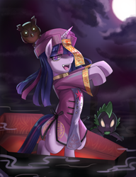 Size: 600x780 | Tagged: safe, artist:tzc, owlowiscious, spike, twilight sparkle, dragon, owl, pony, undead, unicorn, vampire, vampony, zombie, clothes, coffin, fangs, female, full moon, jiangshi, looking at you, male, mare, moon, open mouth
