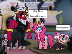 Size: 1600x1200 | Tagged: safe, artist:carouselunique, lord tirek, pinkie pie, oc, oc:blackberry beatrice pie, centaur, earth pony, hybrid, pony, comic:spiraling together, alternate hairstyle, alternate universe, cloven hooves, crack ship offspring, crack shipping, cute, daddy tirek, female, interspecies offspring, male, mare, nose piercing, nose ring, offspring, parent:lord tirek, parent:pinkie pie, parents:tirekpie, piercing, royal family, royal portrait, shipping, straight, sunjackspiral, text, tirebetes, tirekpie