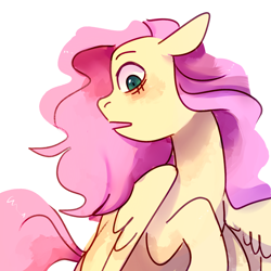 Size: 1500x1500 | Tagged: safe, artist:purruglys, fluttershy, pegasus, pony, female, looking down, mare, open mouth, shocked, simple background, solo, white background