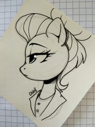 Size: 1982x2643 | Tagged: safe, artist:ohno, fluttershy, pegasus, pony, fake it 'til you make it, alternate hairstyle, clothes, female, grayscale, hair bun, lidded eyes, lineart, mare, monochrome, severeshy, solo, traditional art