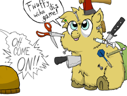 Size: 1600x1200 | Tagged: safe, artist:fluffytaffy, artist:the mungoman, fluffy pony, :p, abuse, axe, corkscrew, dart, fluffy pony grimdark, grimderp, invulnerability, knife, looking up, nail, needle, oh come on, pencil, pin, scissors, screw, simple background, sitting, smiling, syringe, tongue out, underhoof, weapon, white background