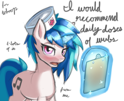 Size: 3120x2560 | Tagged: safe, artist:ligerstorm, dj pon-3, vinyl scratch, pony, unicorn, blushing, clipboard, dialogue, female, hat, levitation, looking at you, magic, mare, nurse, nurse hat, open mouth, simple background, solo, white background