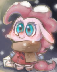 Size: 800x1000 | Tagged: safe, artist:yang0, pinkie pie, earth pony, pony, clothes, cute, female, looking at you, mare, scarf, snow, solo